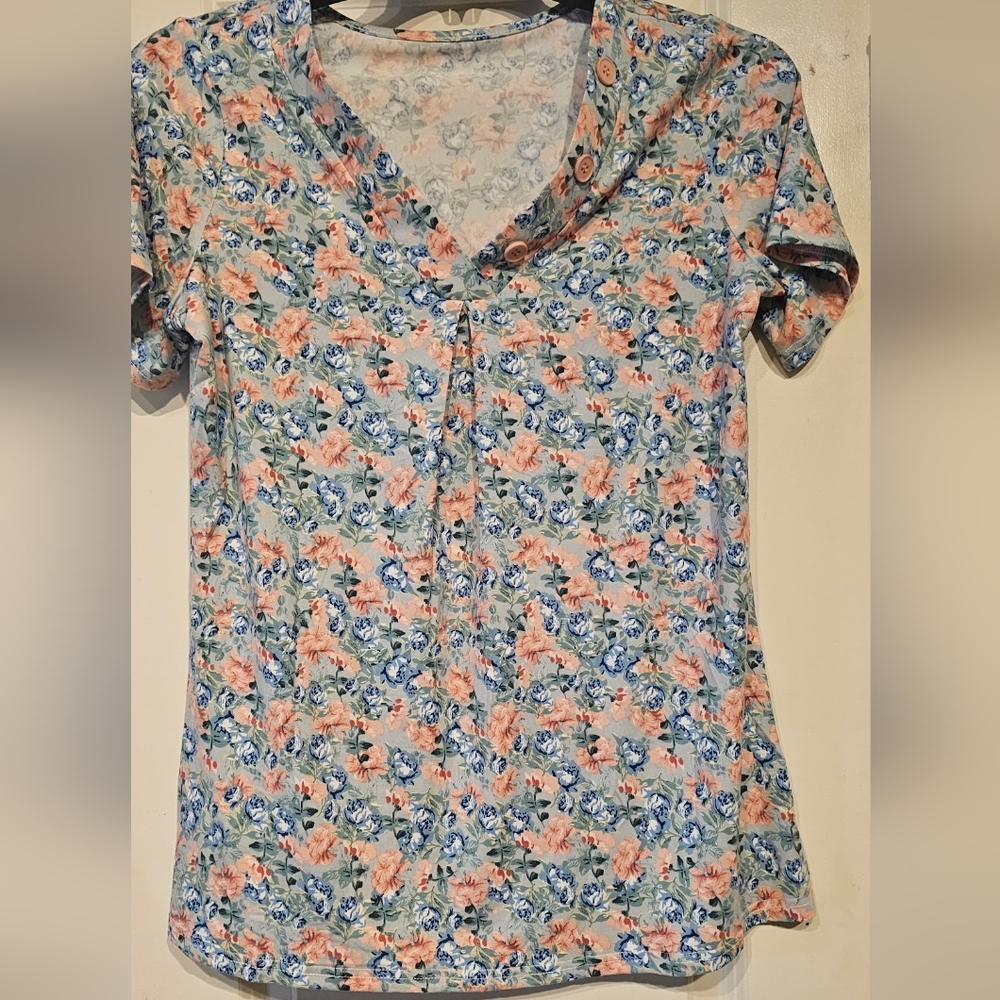 Floral V-Neck Short Sleeve Top - Pink & Blue